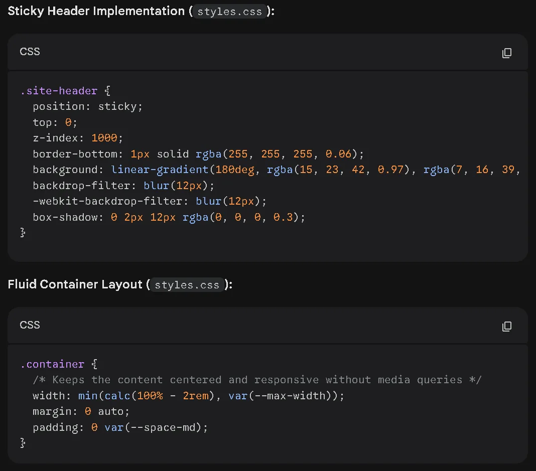 CSS for the sticky header and fluid container