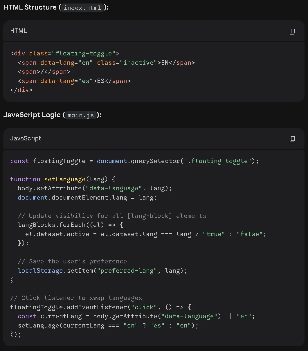 HTML and JavaScript for the language toggle