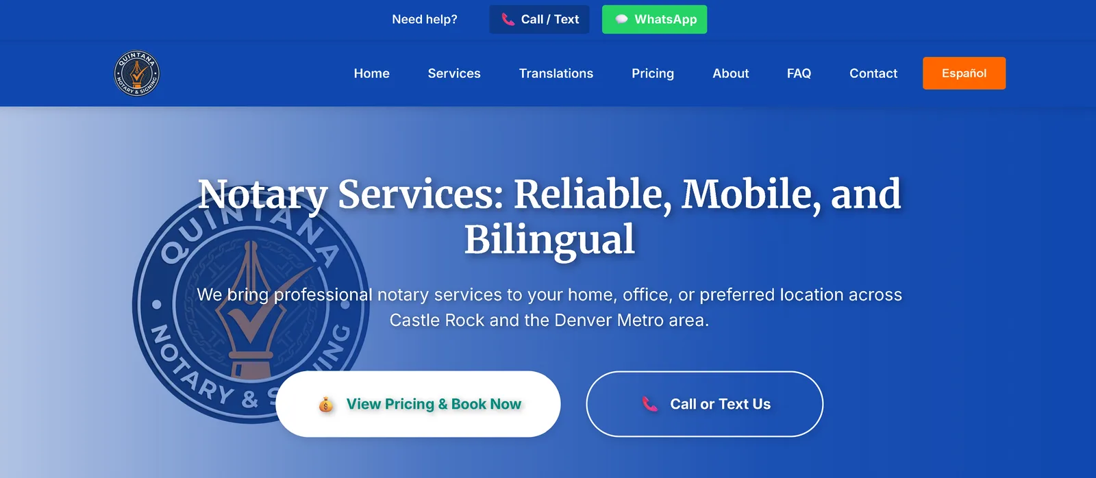 Quintana Notary homepage hero with bilingual services headline