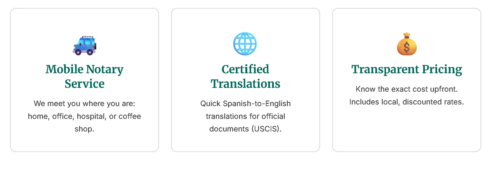 Three service cards: mobile notary, certified translations, transparent pricing