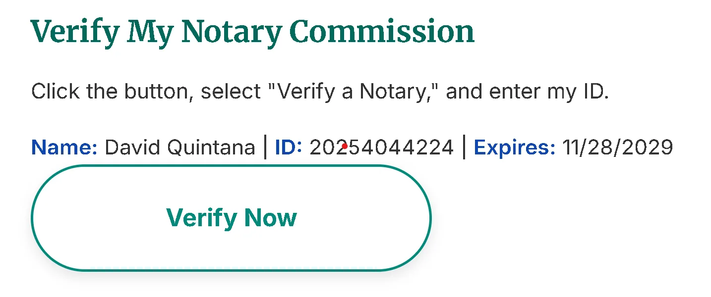 Verification banner with commission ID, expiration date and a Verify Now button