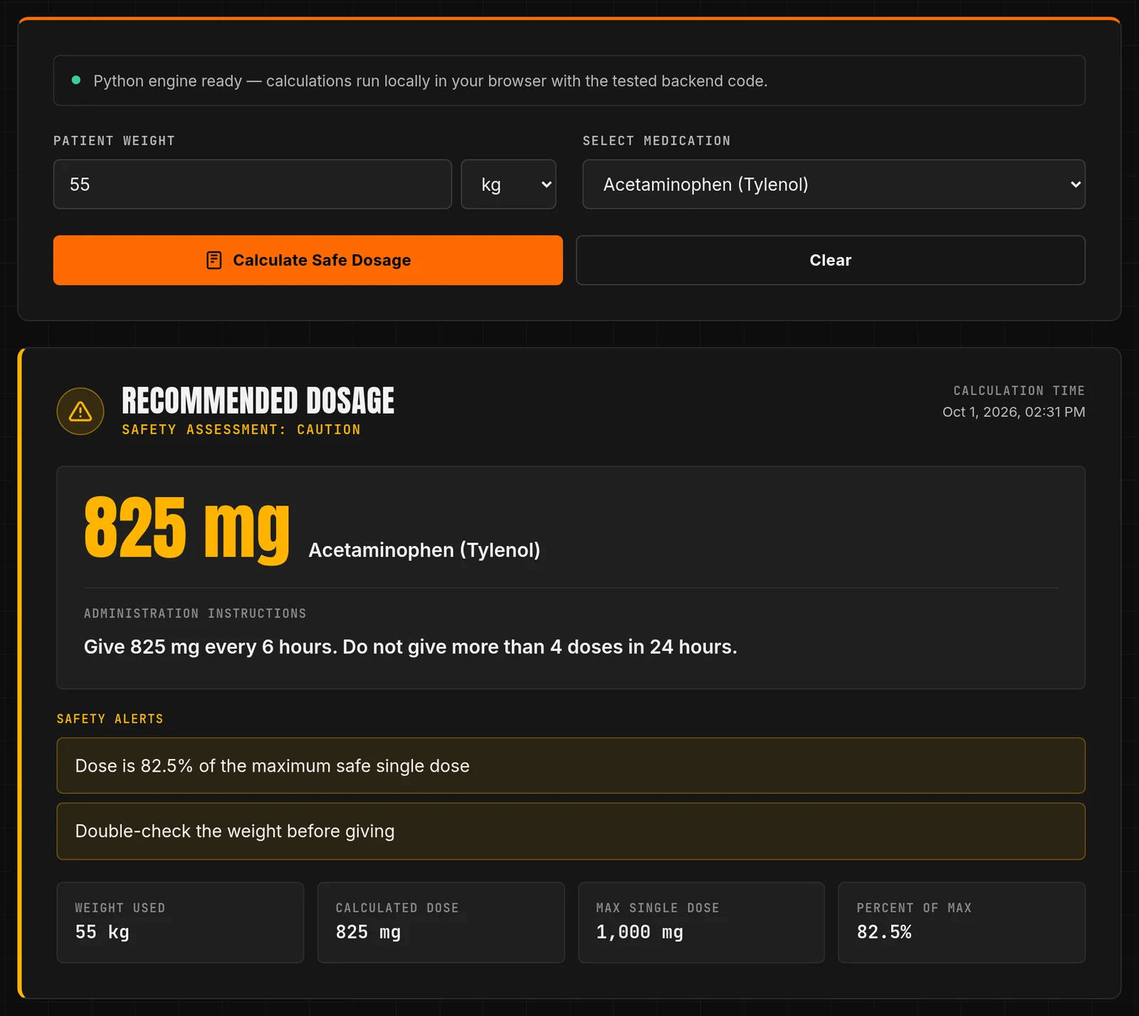 Dosage calculator showing a caution-level result