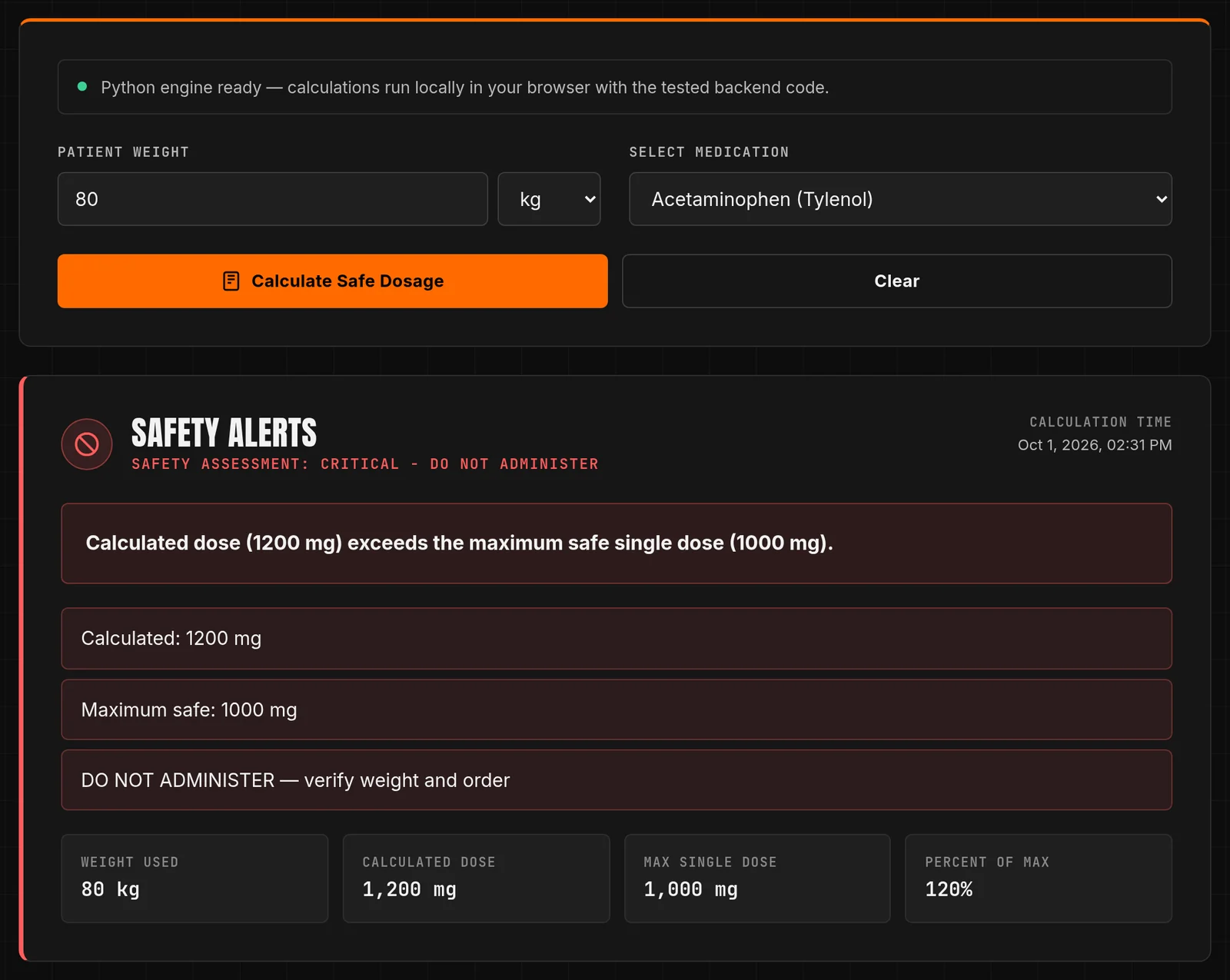 Dosage calculator blocking a dose above the maximum safe limit
