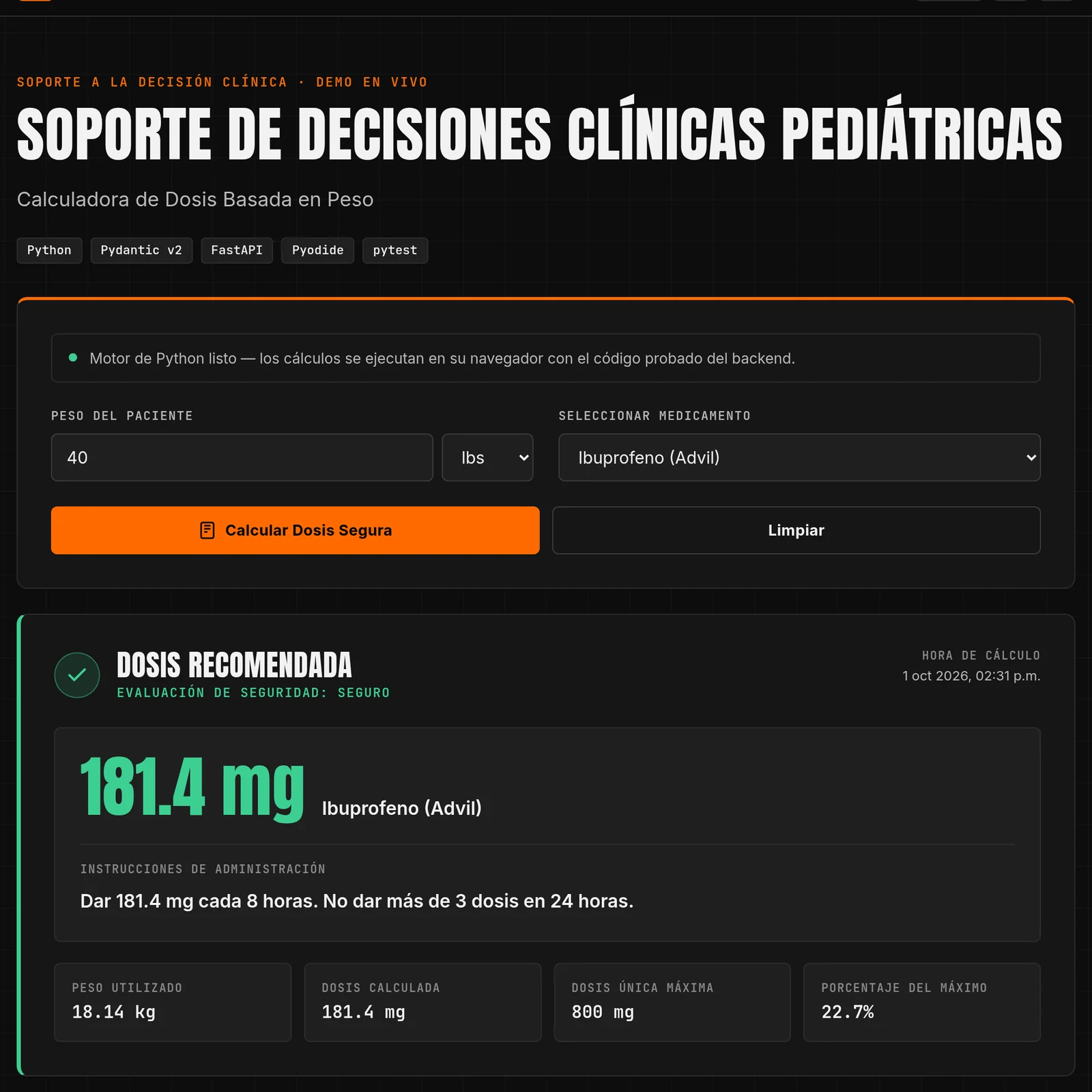 Calculator interface and result in Spanish