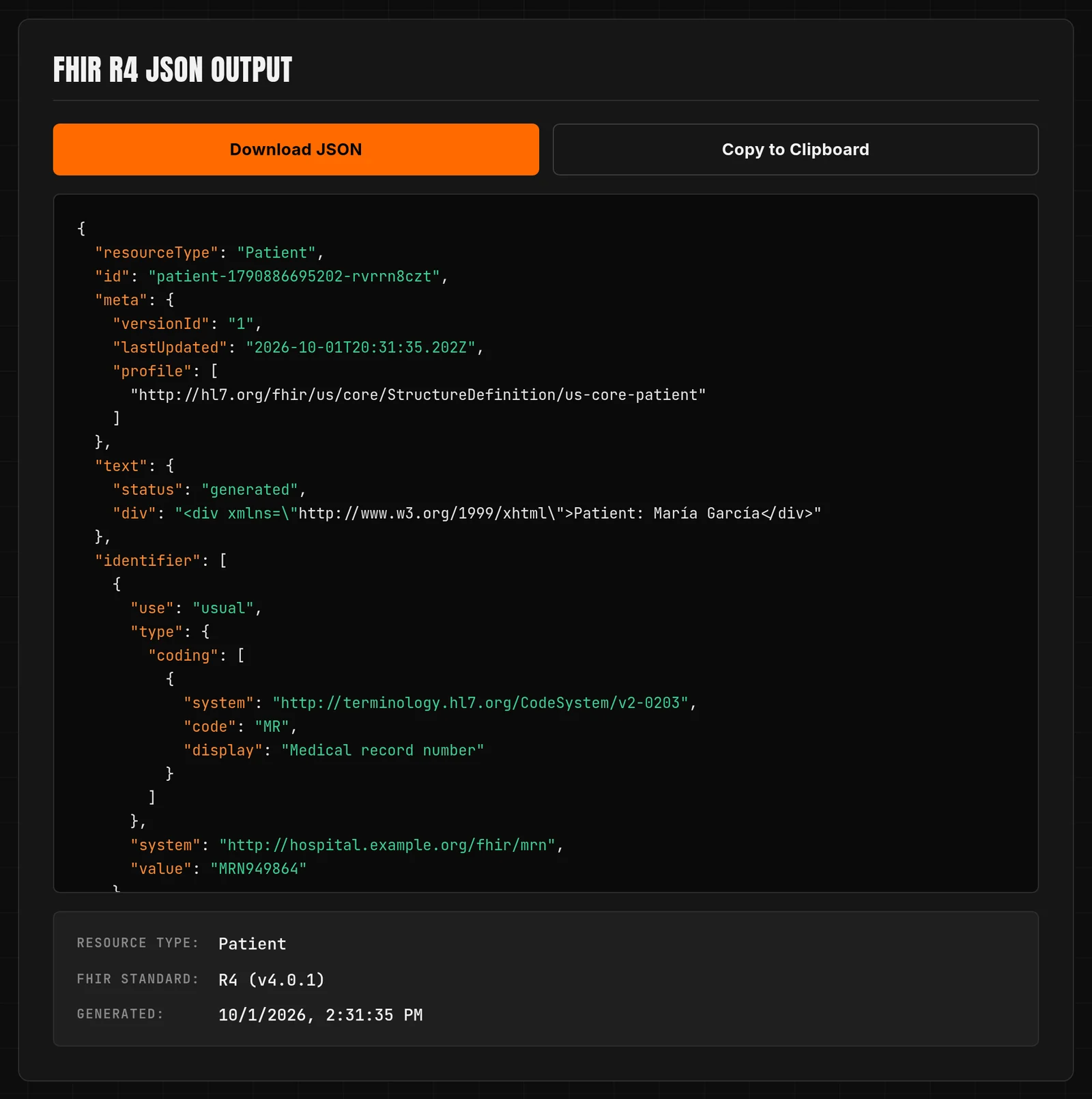 FHIR converter showing US Core Patient JSON output