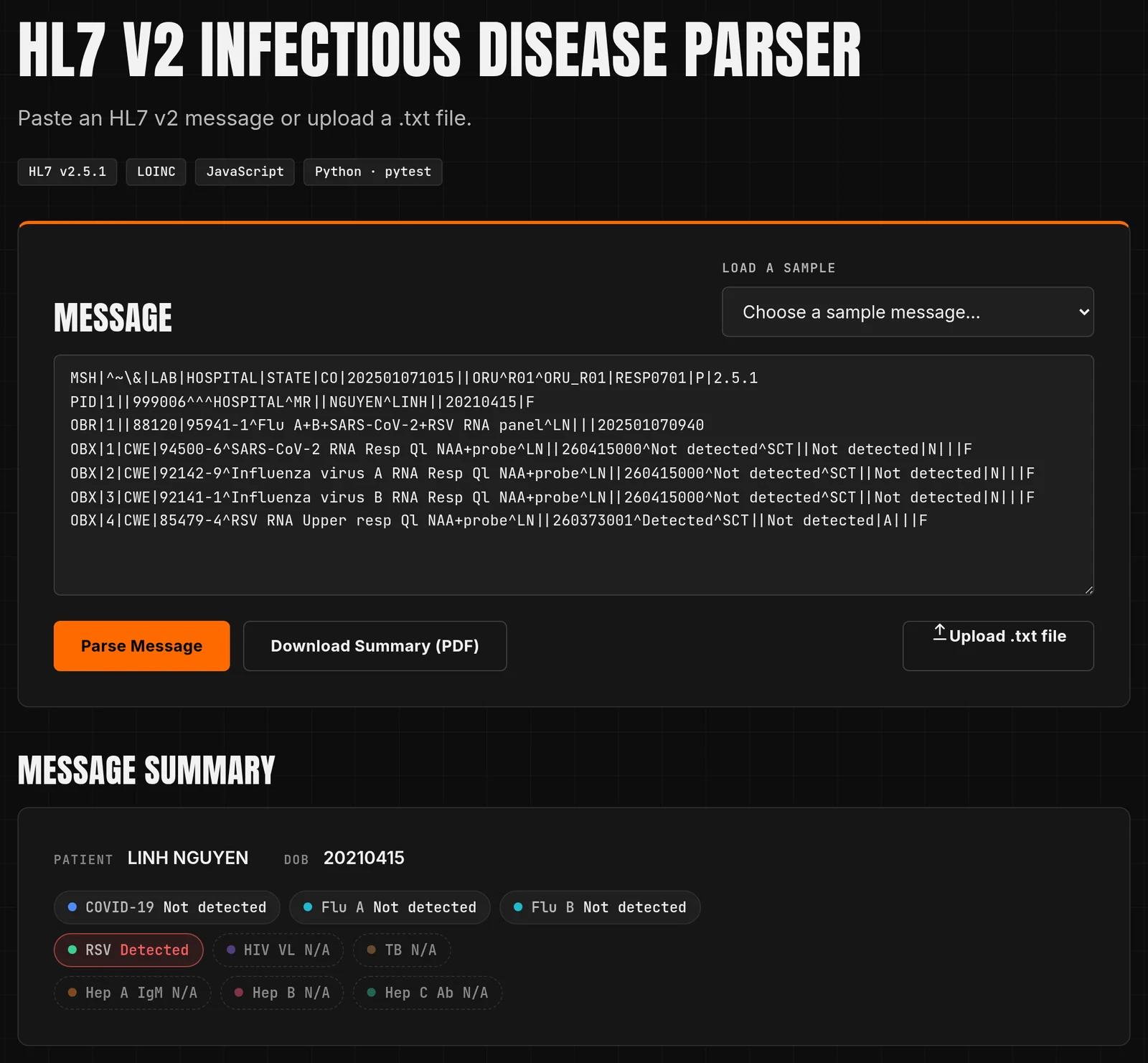 HL7 parser summarizing a respiratory panel