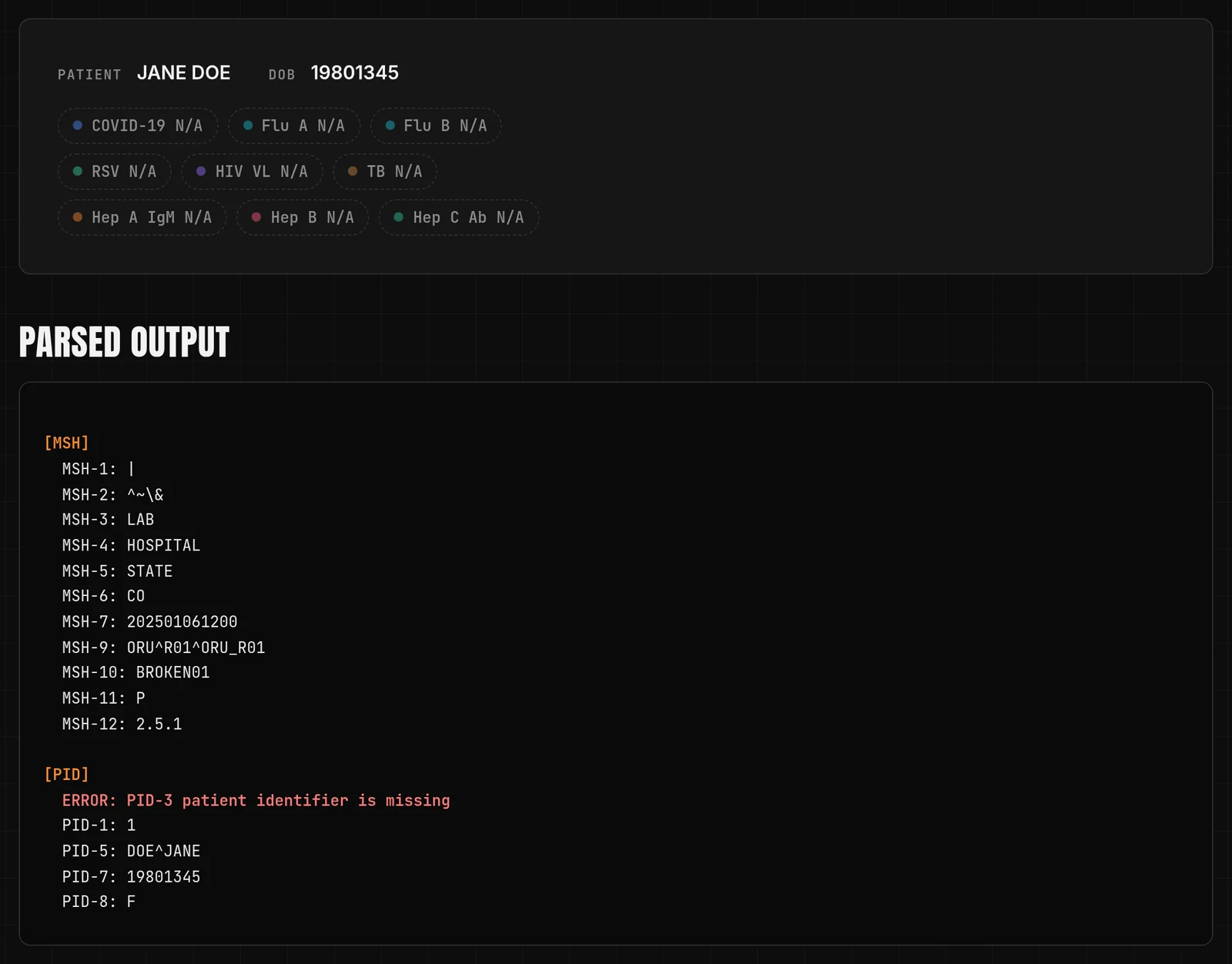 Parsed output listing validation errors for a malformed message