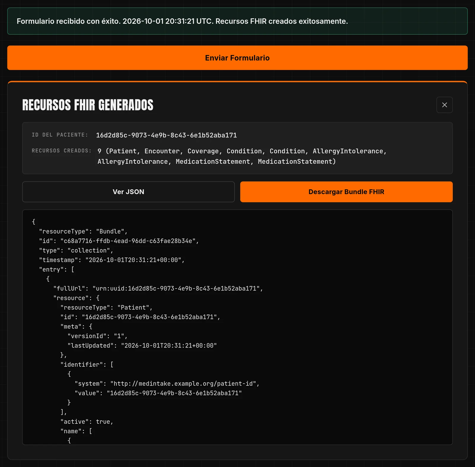 Intake app showing a generated FHIR R4 bundle