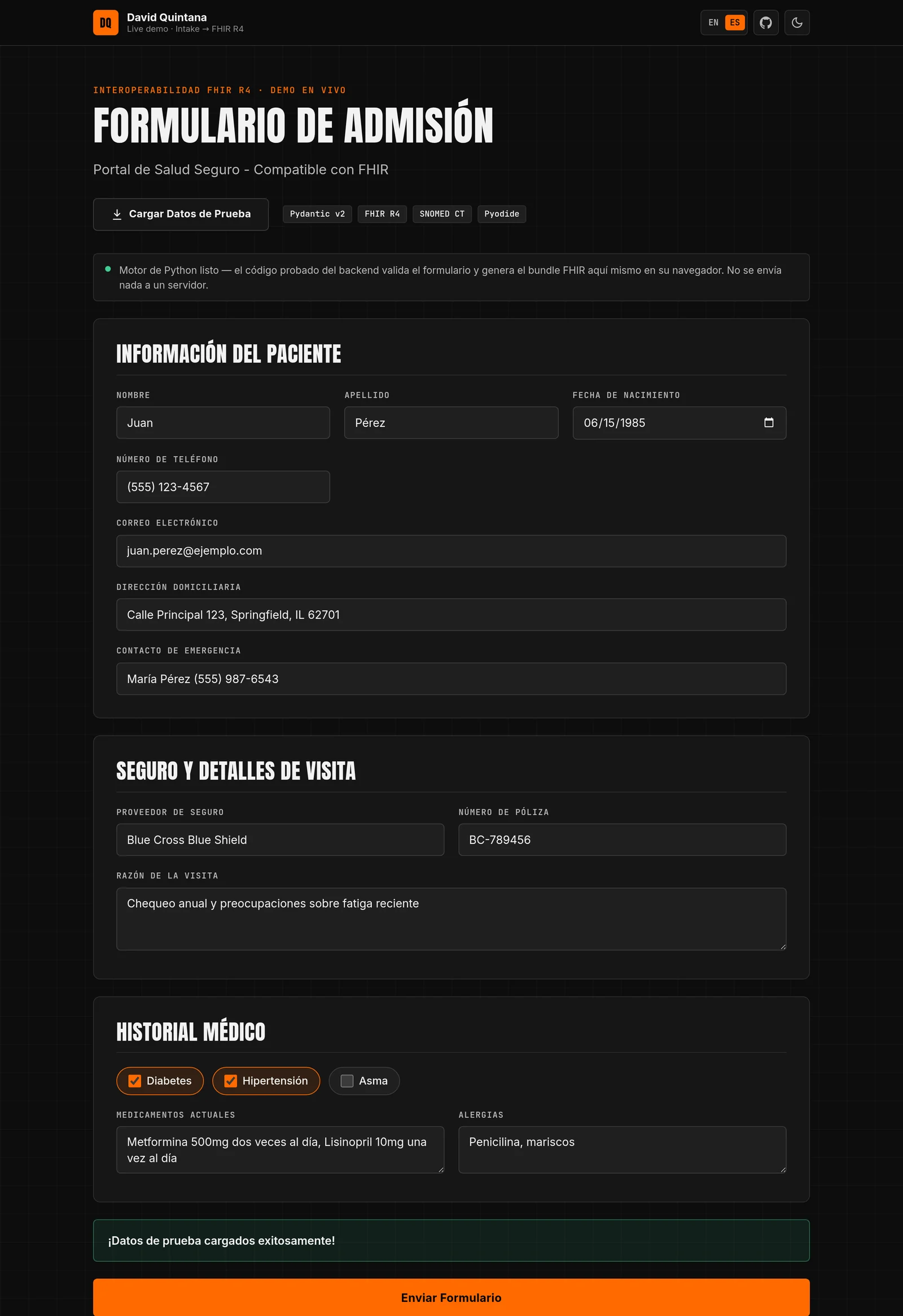 Intake form in Spanish with demo data loaded
