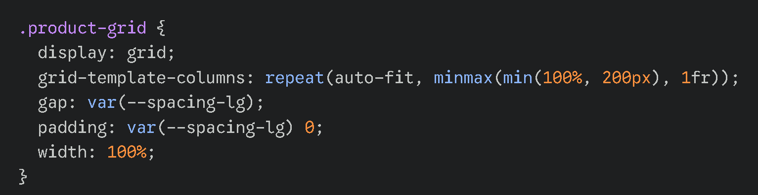 CSS grid code for the product grid