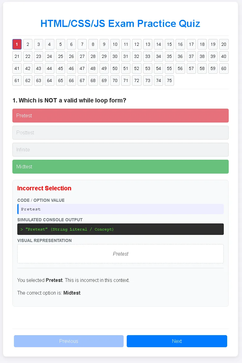 HTML/CSS/JS exam practice quiz