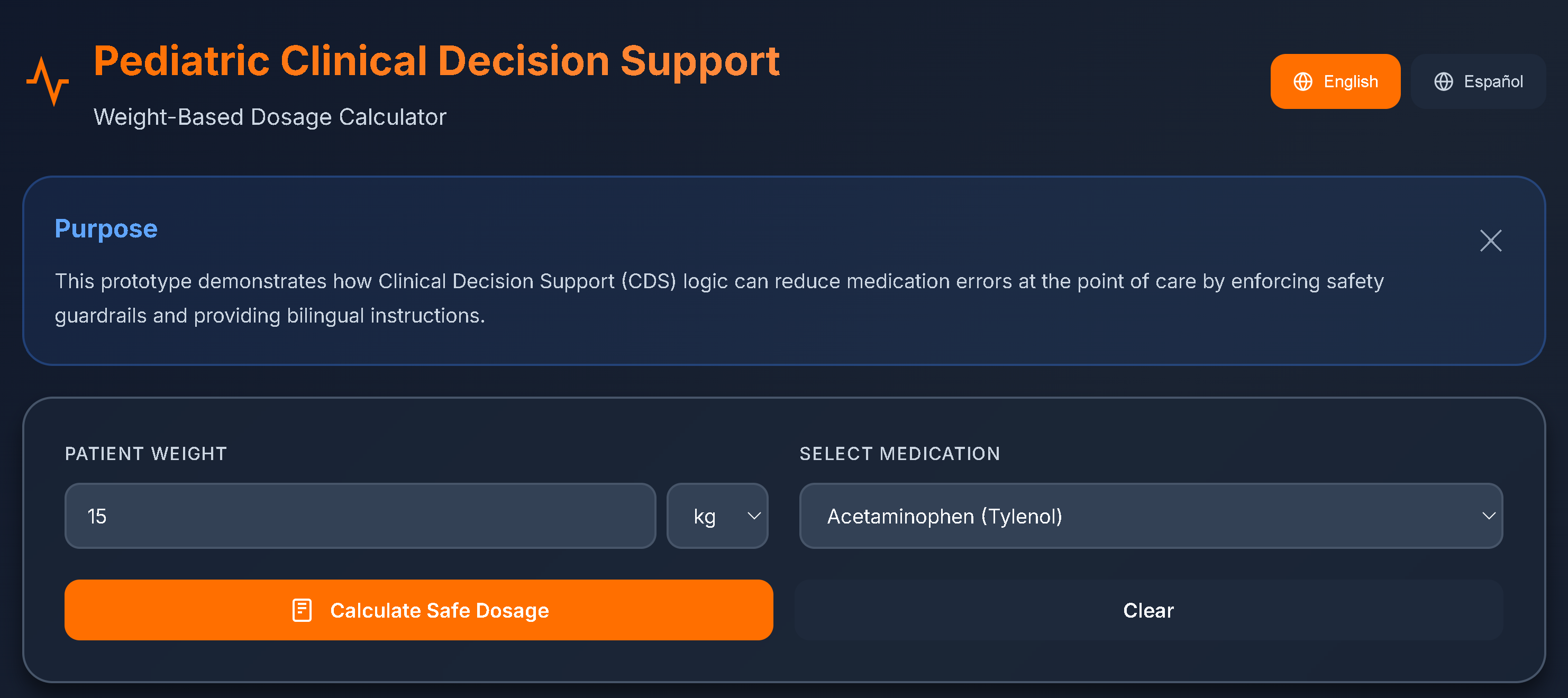 Full calculator interface showing patient weight input of 15kg, Acetaminophen selection, and purpose statement in both English and Spanish with language toggle