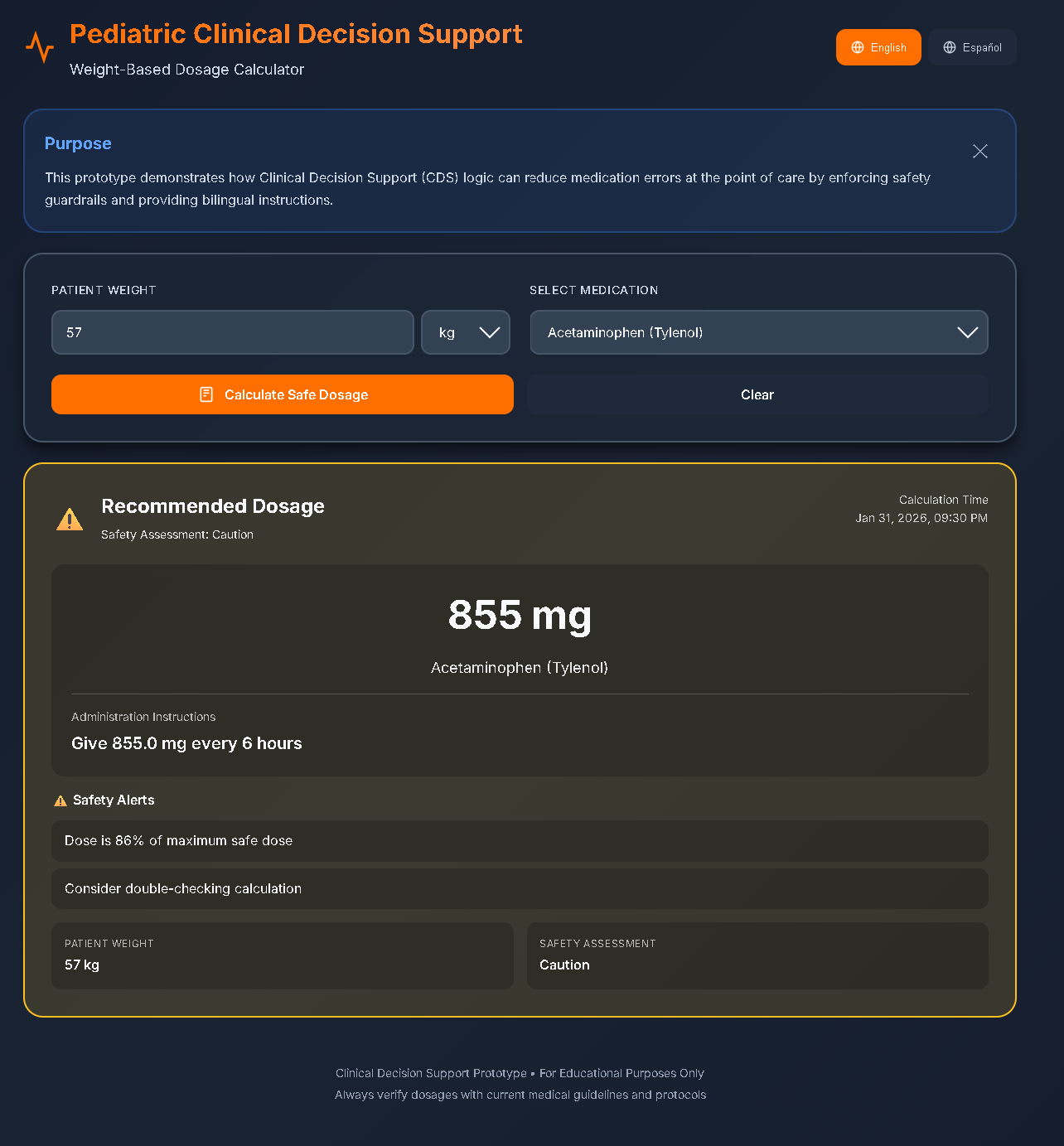 Caution safety alert with yellow border showing recommended dose of 855mg at 86% of maximum safe dose, requiring double-check of calculation