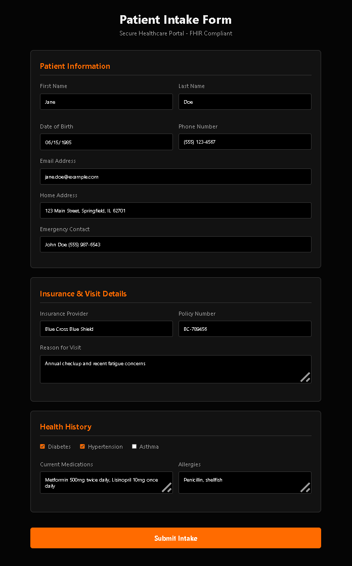 Form completely filled with demo patient data