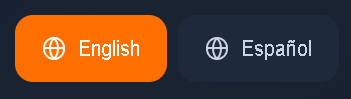Language toggle buttons showing English and Español options in orange and gray, demonstrating instant language switching capability