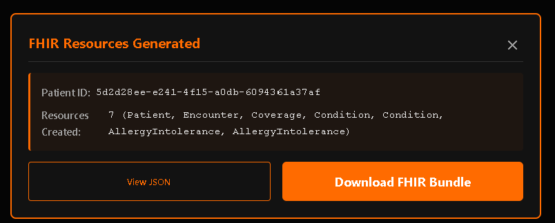 Modal showing FHIR resources generated with patient ID and resource count