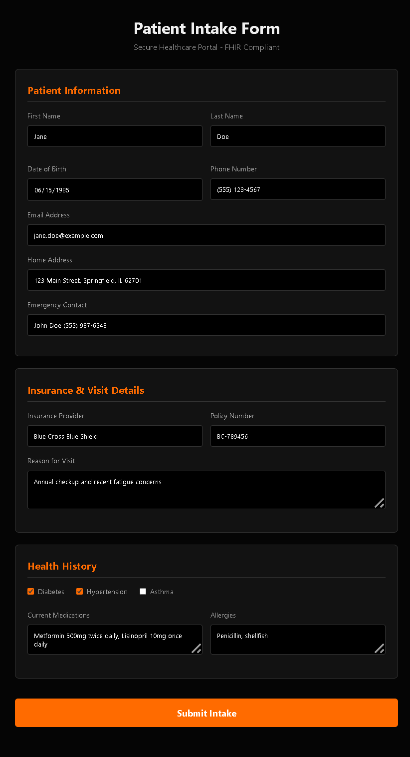 Bilingual patient intake form filled with Jane Doe's information showing English and Spanish toggle
