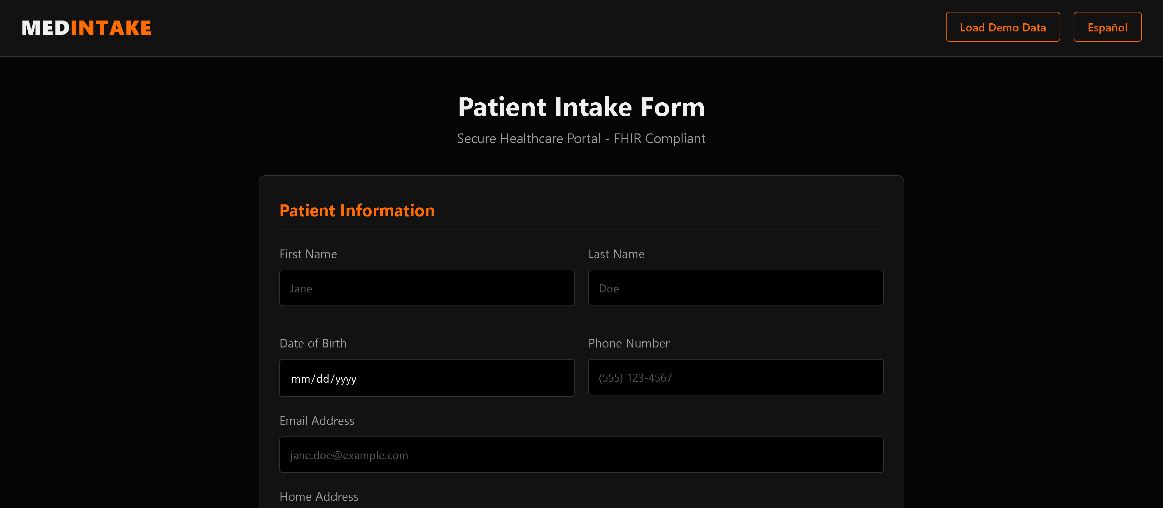 Screenshot of Bilingual Patient Intake FHIR Application