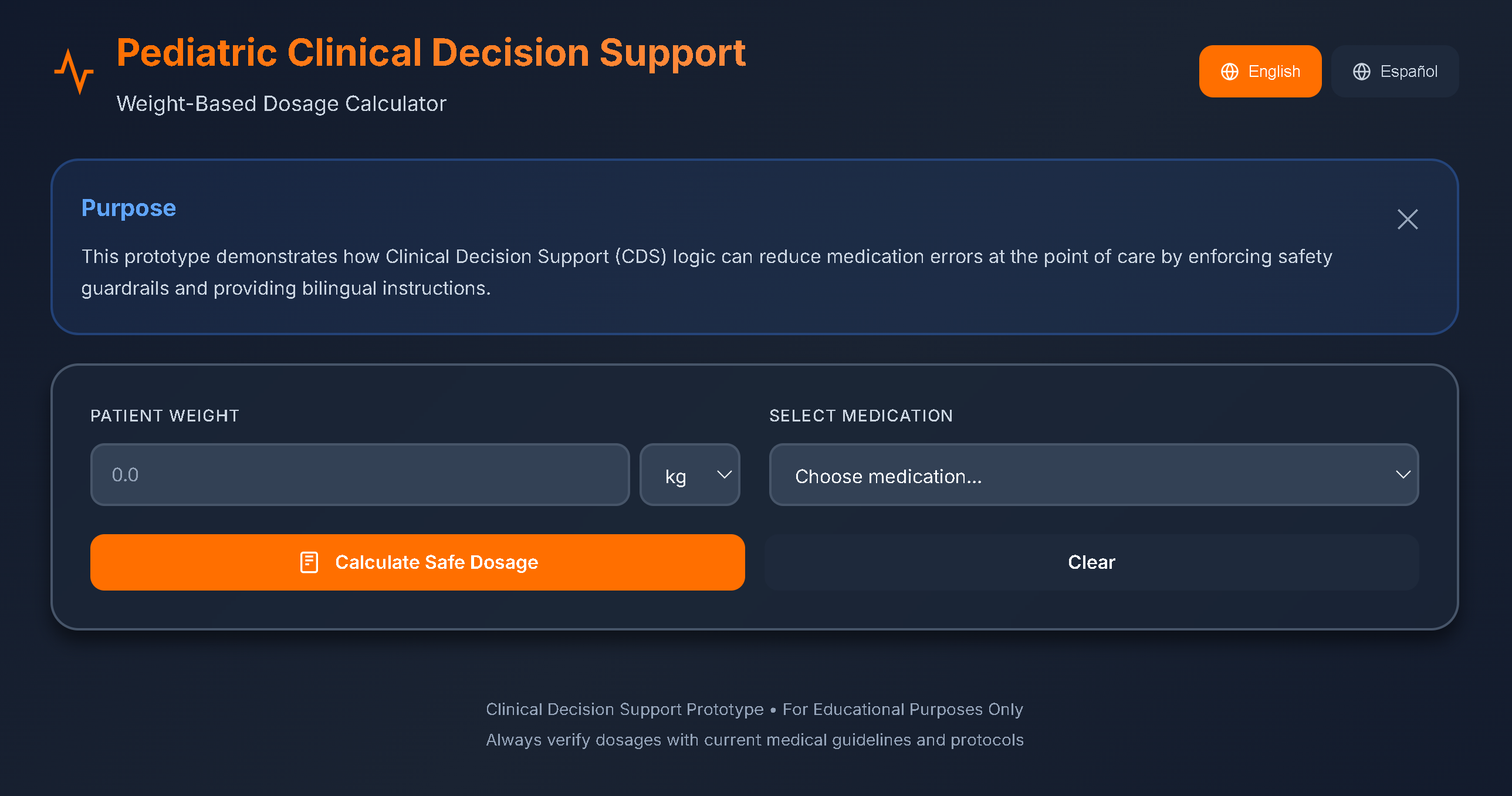 Screenshot of Bilingual Pediatric CDS Dosage Calculator